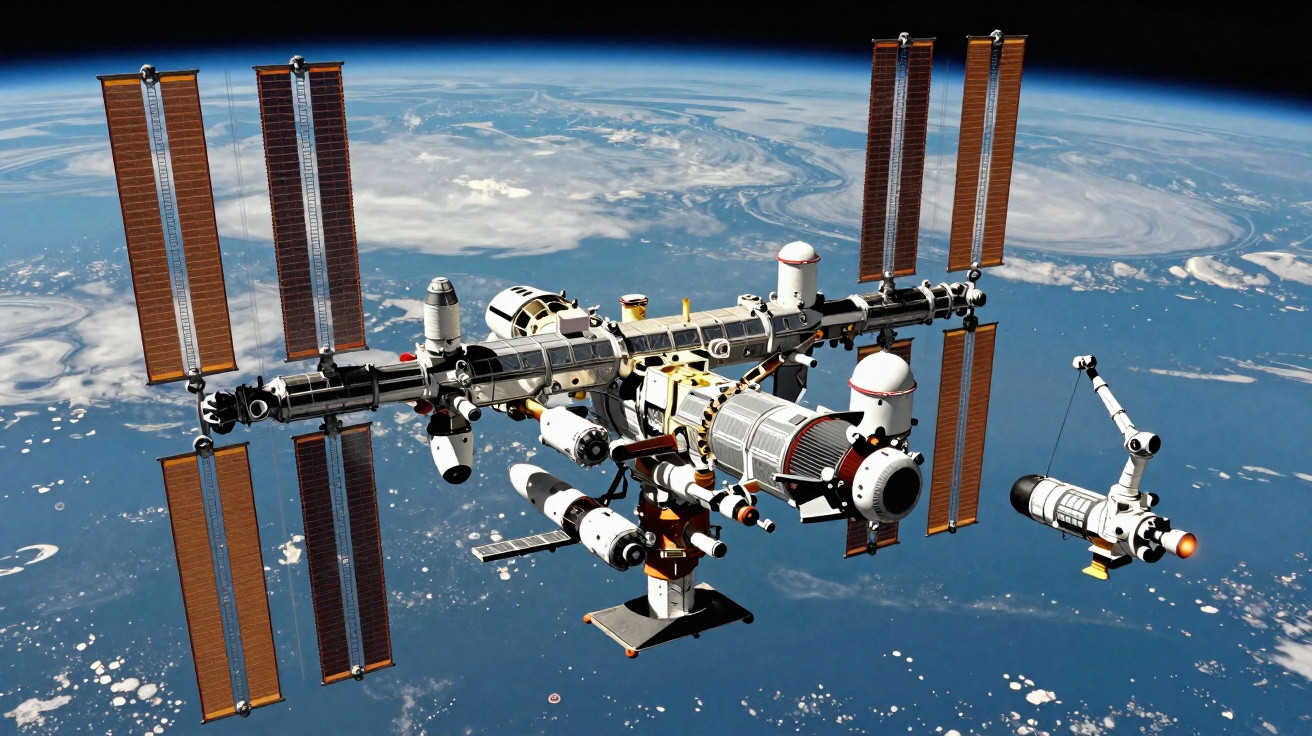 Estação Espacial Internacional orbitando a Terra com painéis solares e módulo acoplado sobre o planeta azul.