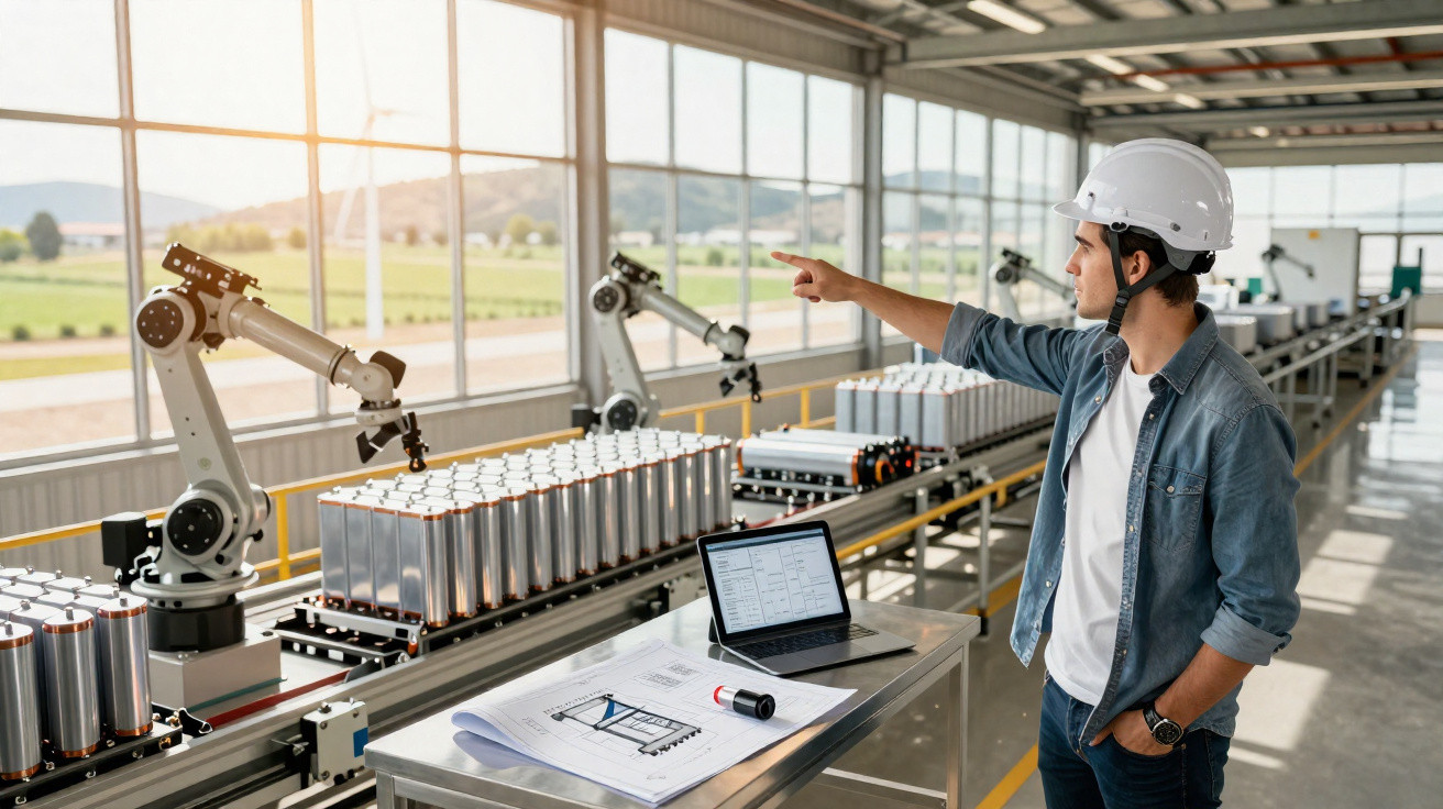Engenheiro com capacete branco monitora robôs em linha de produção de baterias em fábrica moderna.