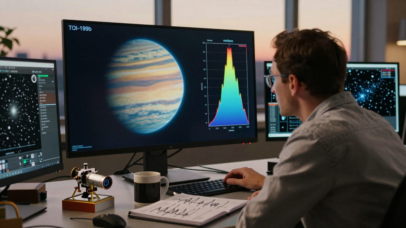 Cientista observa imagens e gráficos de planeta gasoso em múltiplos monitores no laboratório de astronomia.