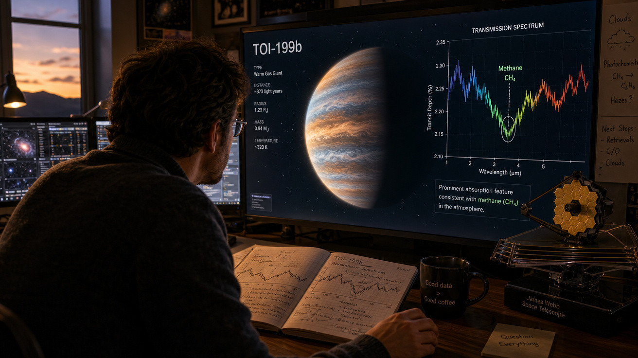 Homem estudando dados e imagem do planeta TOI-199b em monitor grande em escritório com luz baixa.