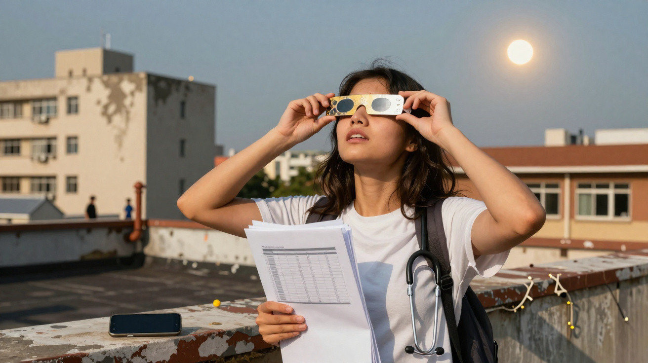 Mulher com jaleco branco e estetoscópio observa eclipse solar com óculos especiais no terraço de edifício urbano.