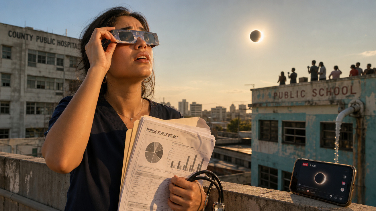 Mulher usando óculos especiais observa eclipse solar, segurando documentos e estetoscópio em prédio urbano.