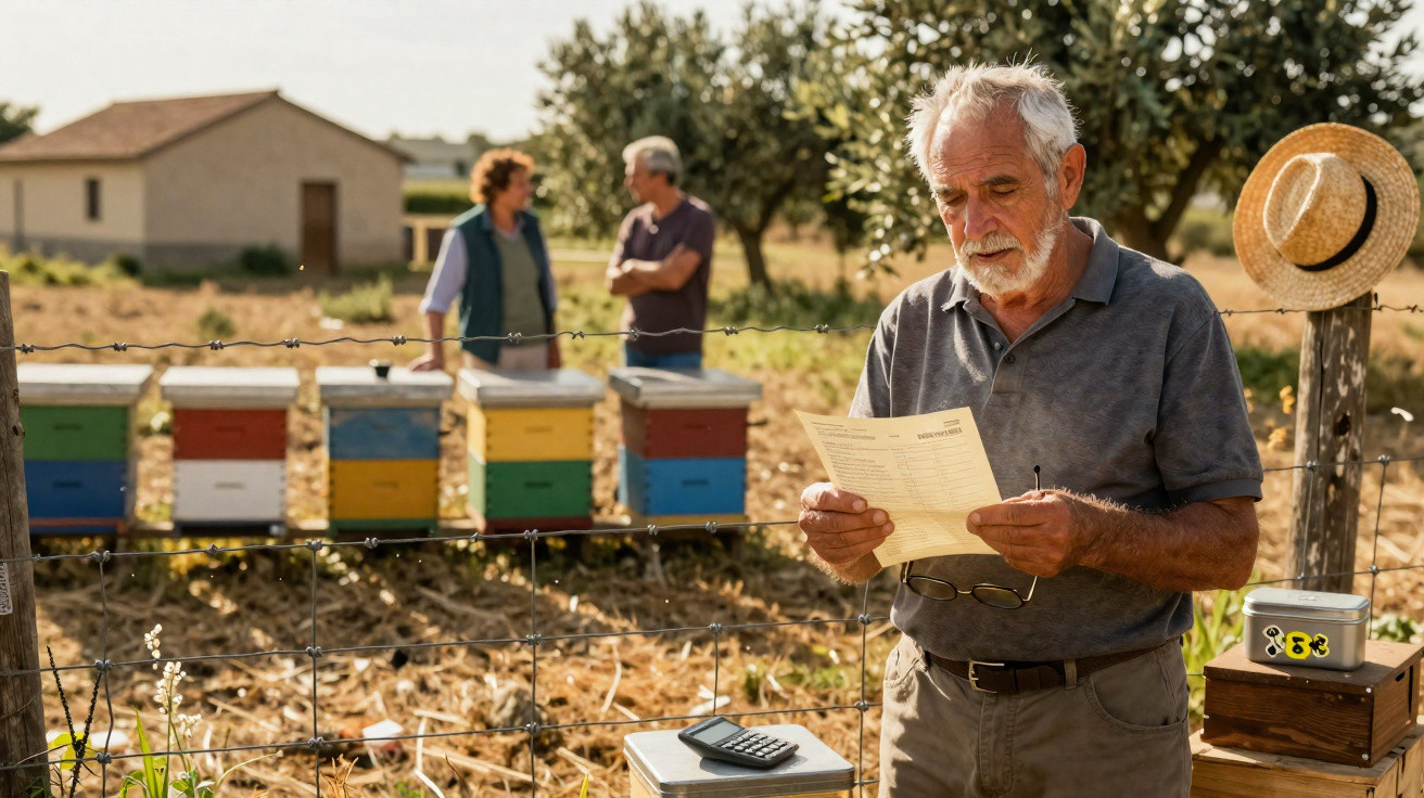 Homem idoso lê documento próximo a colmeias, com duas pessoas conversando ao fundo em área rural.