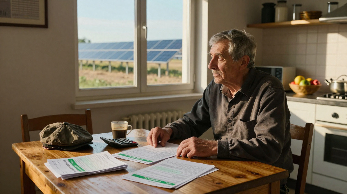Idoso sentado à mesa analisando contas com painel solar visível pela janela atrás dele.