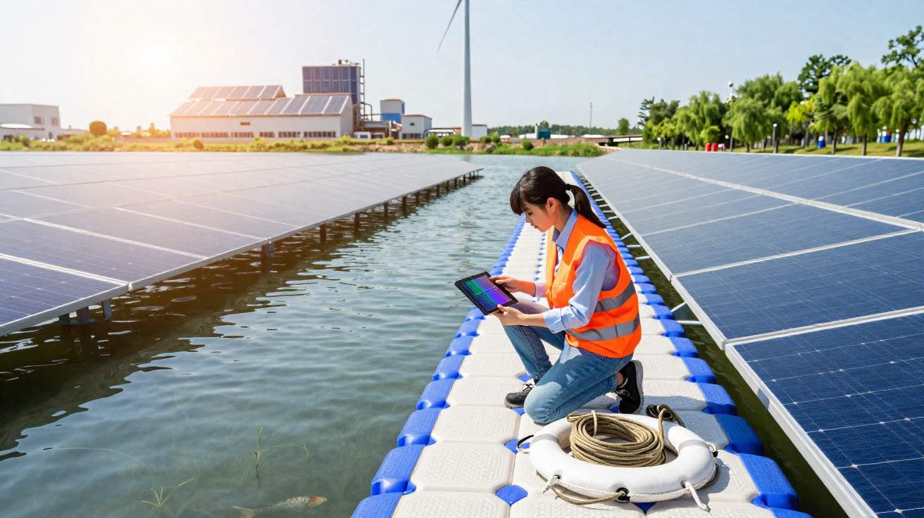 Mulher com colete laranja usando tablet em plataforma entre painéis solares flutuantes e usina eólica ao fundo.