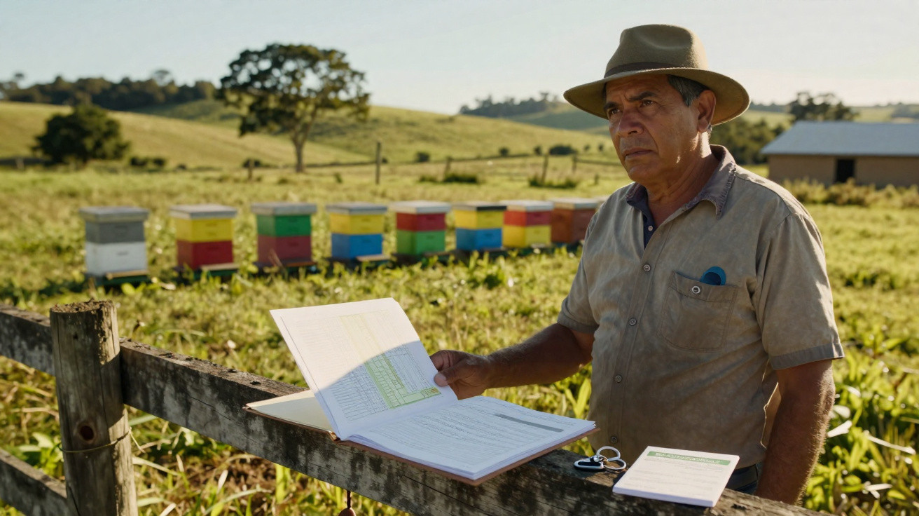 Homem com chapéu consultando mapa em fazenda com colmeias coloridas ao fundo.