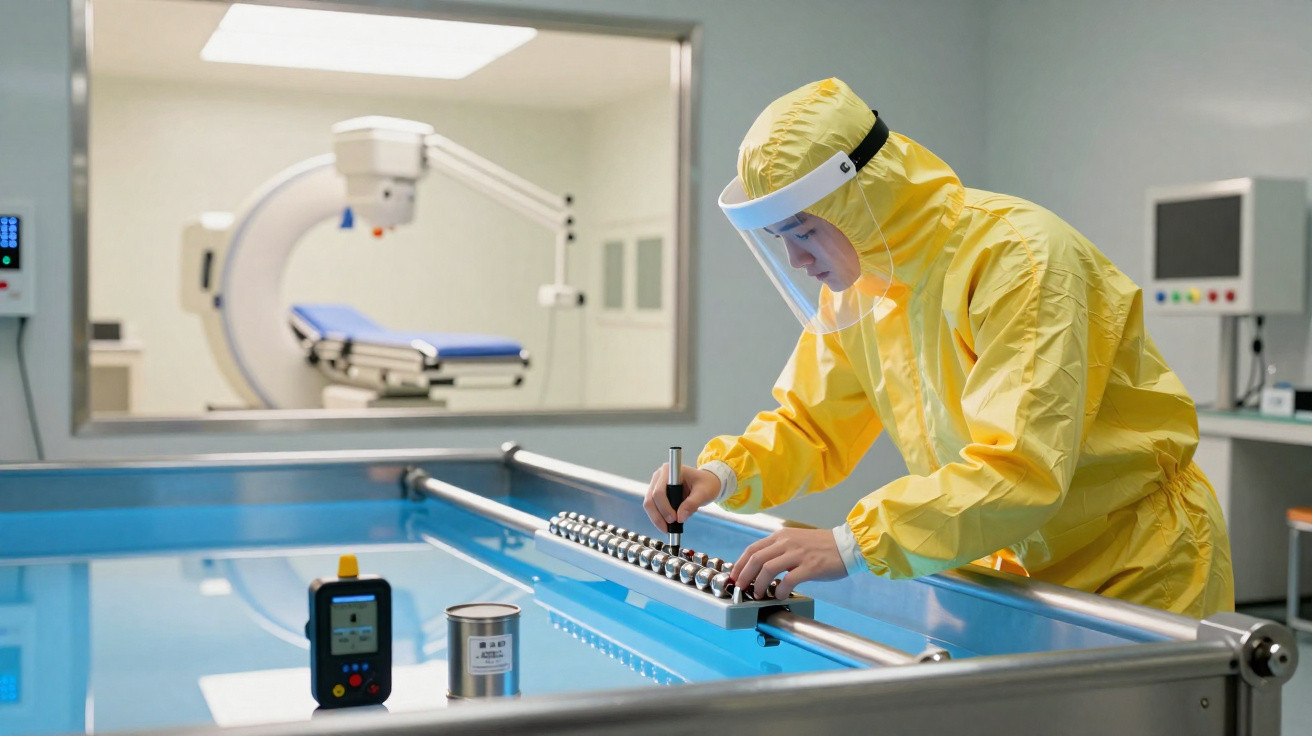 Profissional em traje de proteção amarela ajusta equipamento em laboratório com máquina de ressonância ao fundo.
