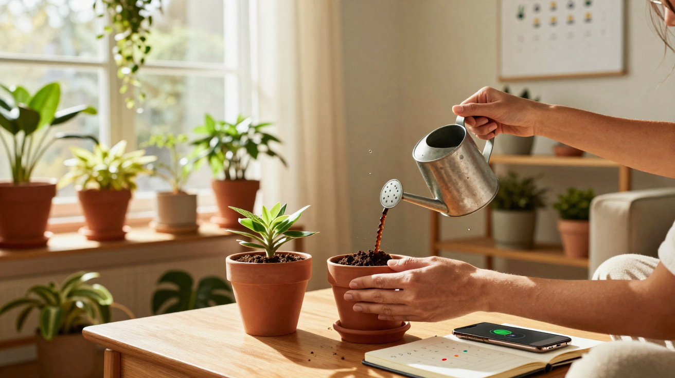 Pessoa regando planta em vaso de barro dentro de casa, sobre mesa com agenda e celular.