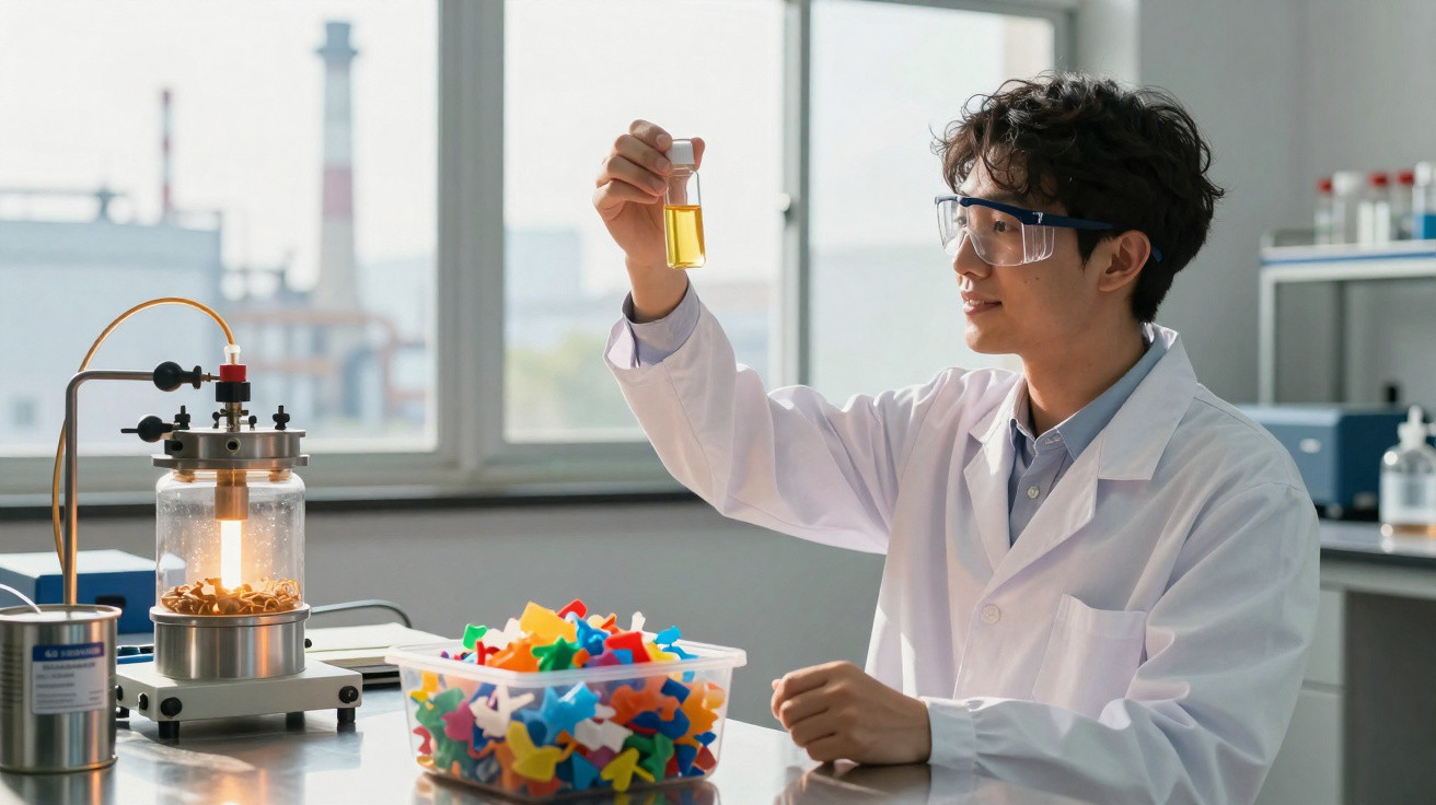Cientista em jaleco segurando tubo de ensaio com líquido amarelo em laboratório moderno.