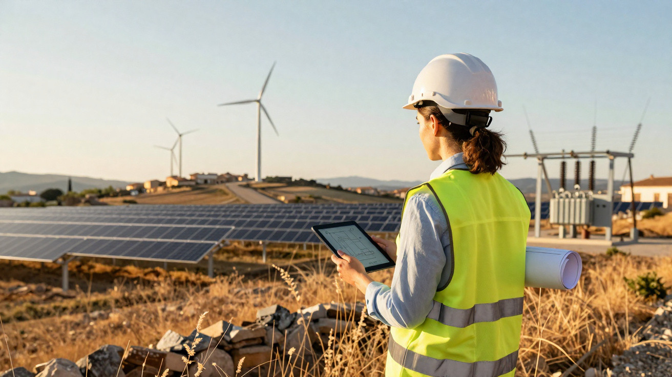 Mulher engenheira em colete refletivo e capacete usa tablet em campo com painéis solares e turbinas eólicas.