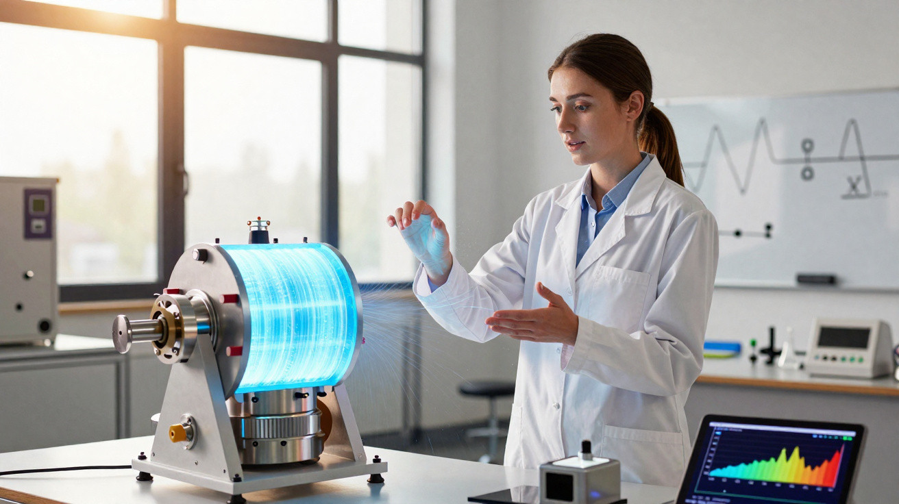 Mulher cientista em jaleco interage com modelo holográfico tecnológico em laboratório moderno.