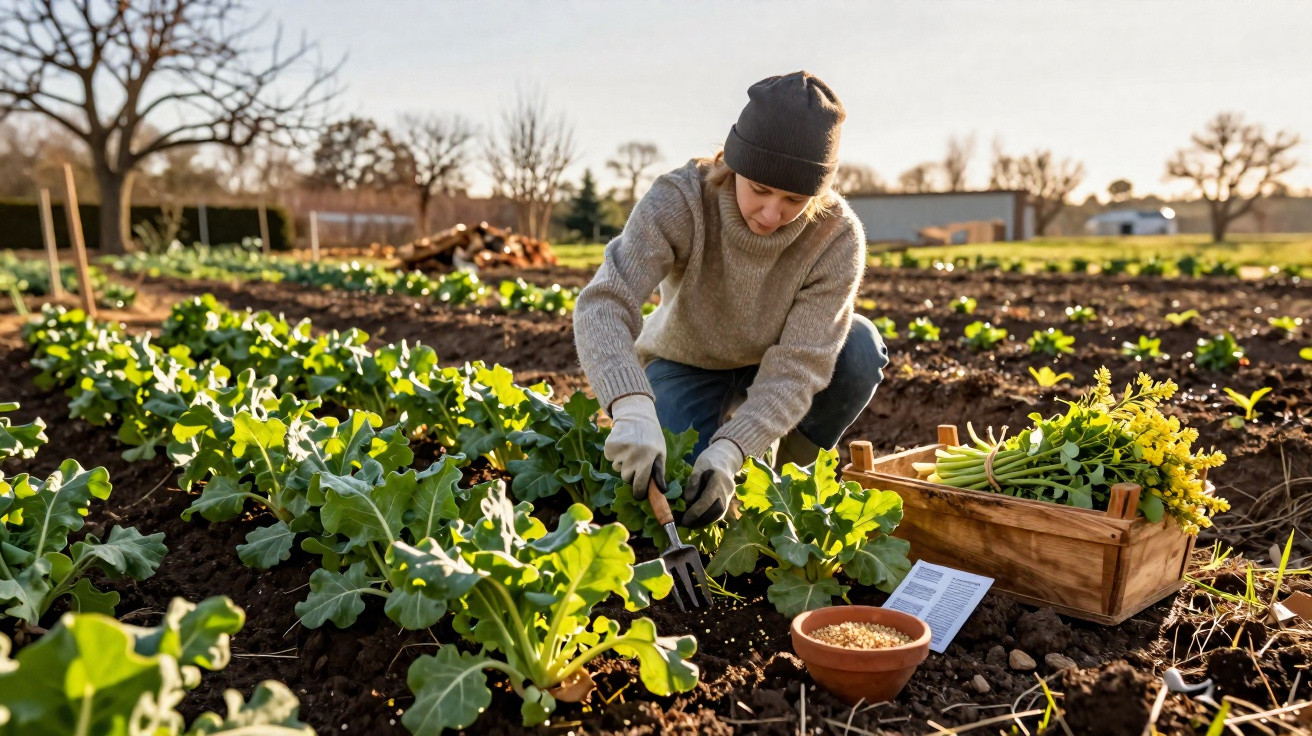Pessoa de gorro e suéter cinza trabalhando em uma horta cuidando das plantas durante o dia.