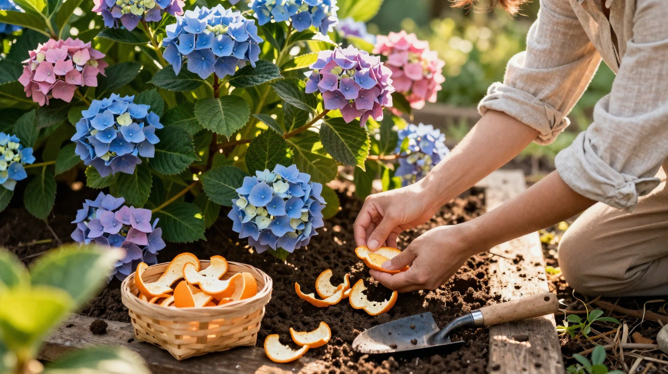 Pessoa espalhando cascas de laranja no solo próximo a flores de hortênsia em um jardim ensolarado.