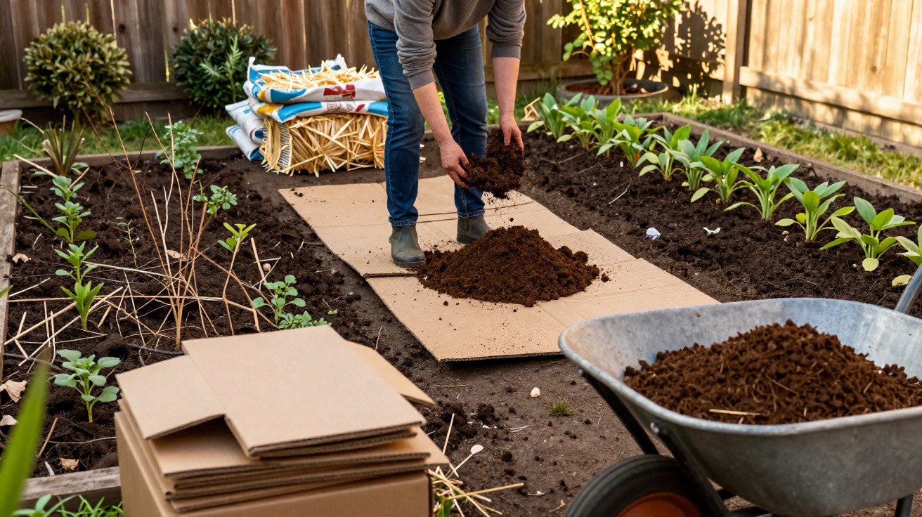 Pessoa mexendo na terra de um canteiro de horta com sacos de adubo ao fundo e carrinho de mão à direita.