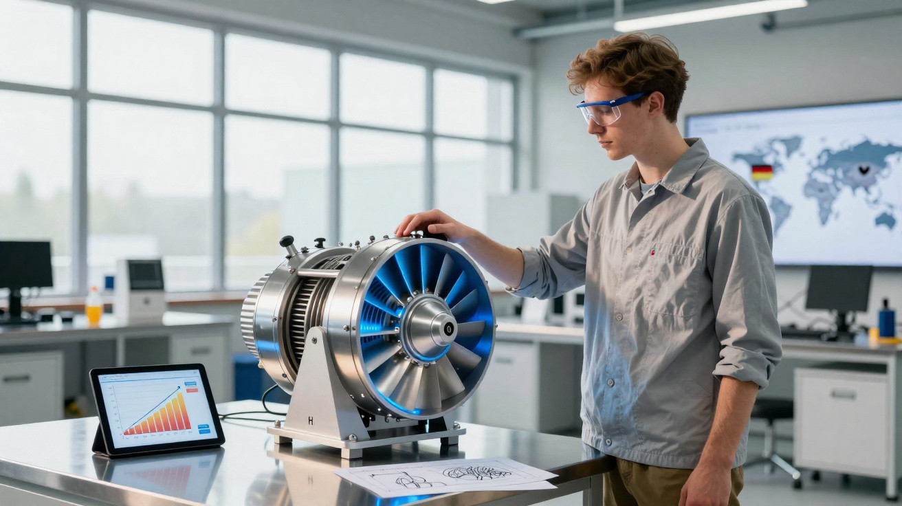 Jovem usando óculos de proteção inspeciona turbina em laboratório com gráficos em tablet ao lado.