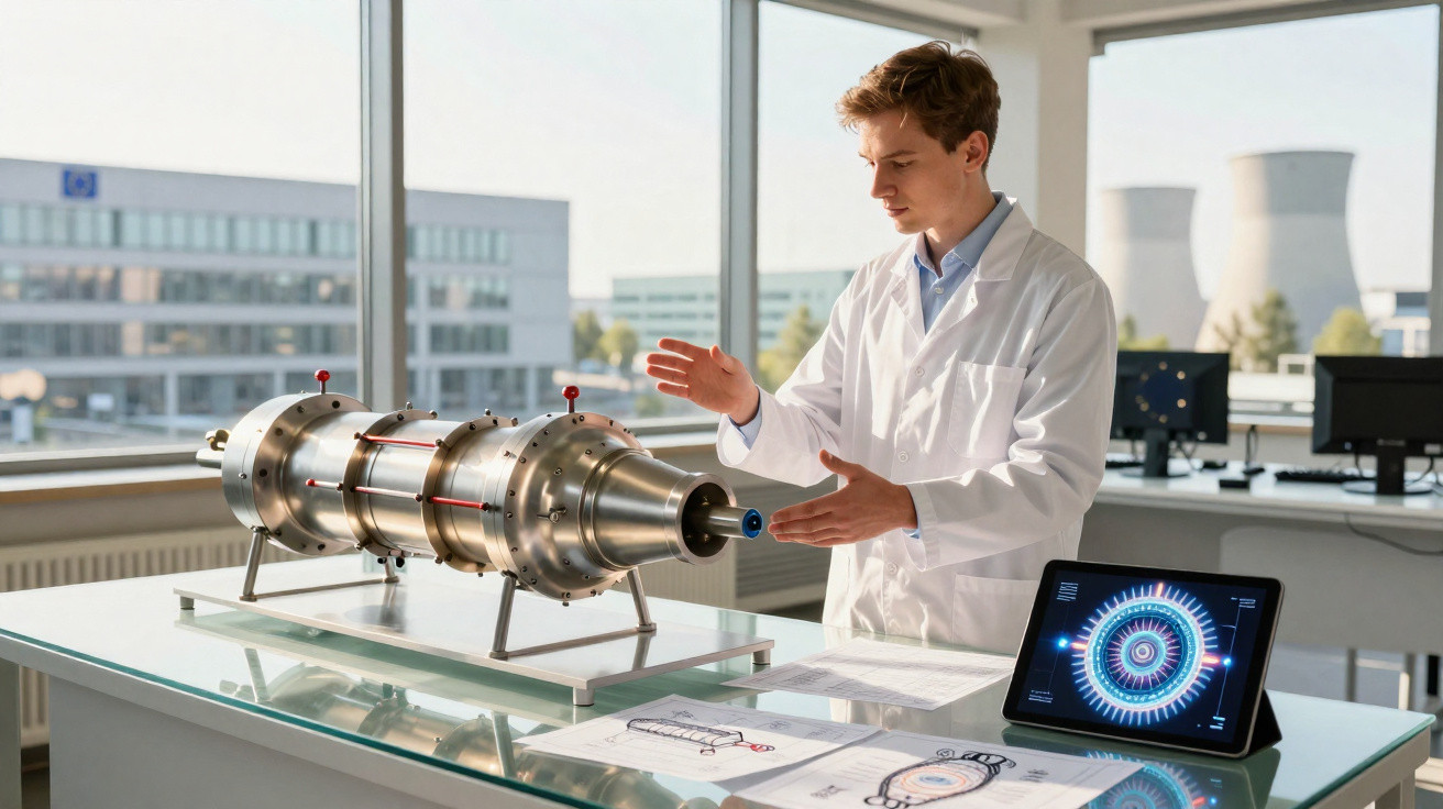 Cientista em jaleco explicando modelo tecnológico ao lado de tablet com gráficos em laboratório moderno.