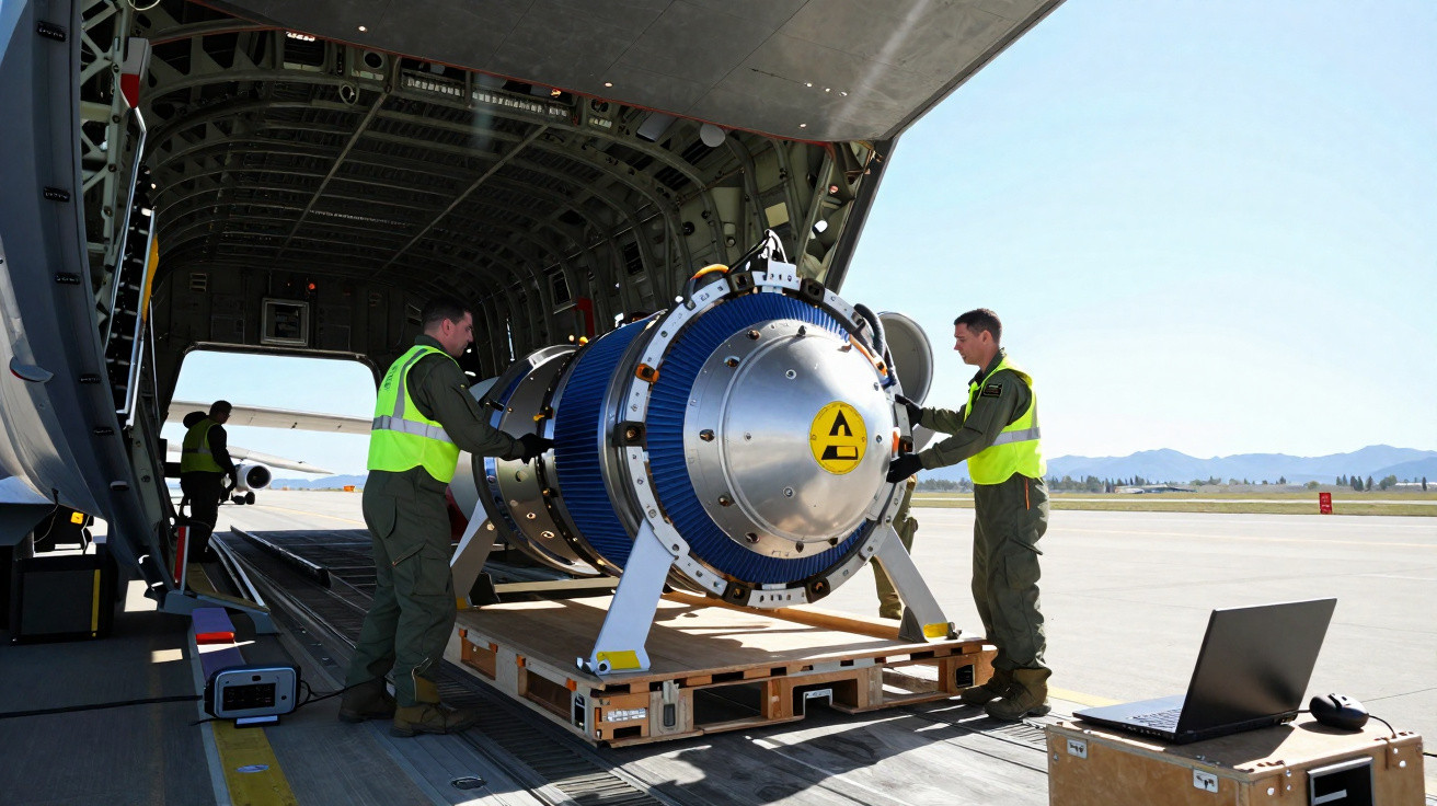 Militares transportam bomba nuclear em plataforma dentro de avião cargueiro no aeroporto.