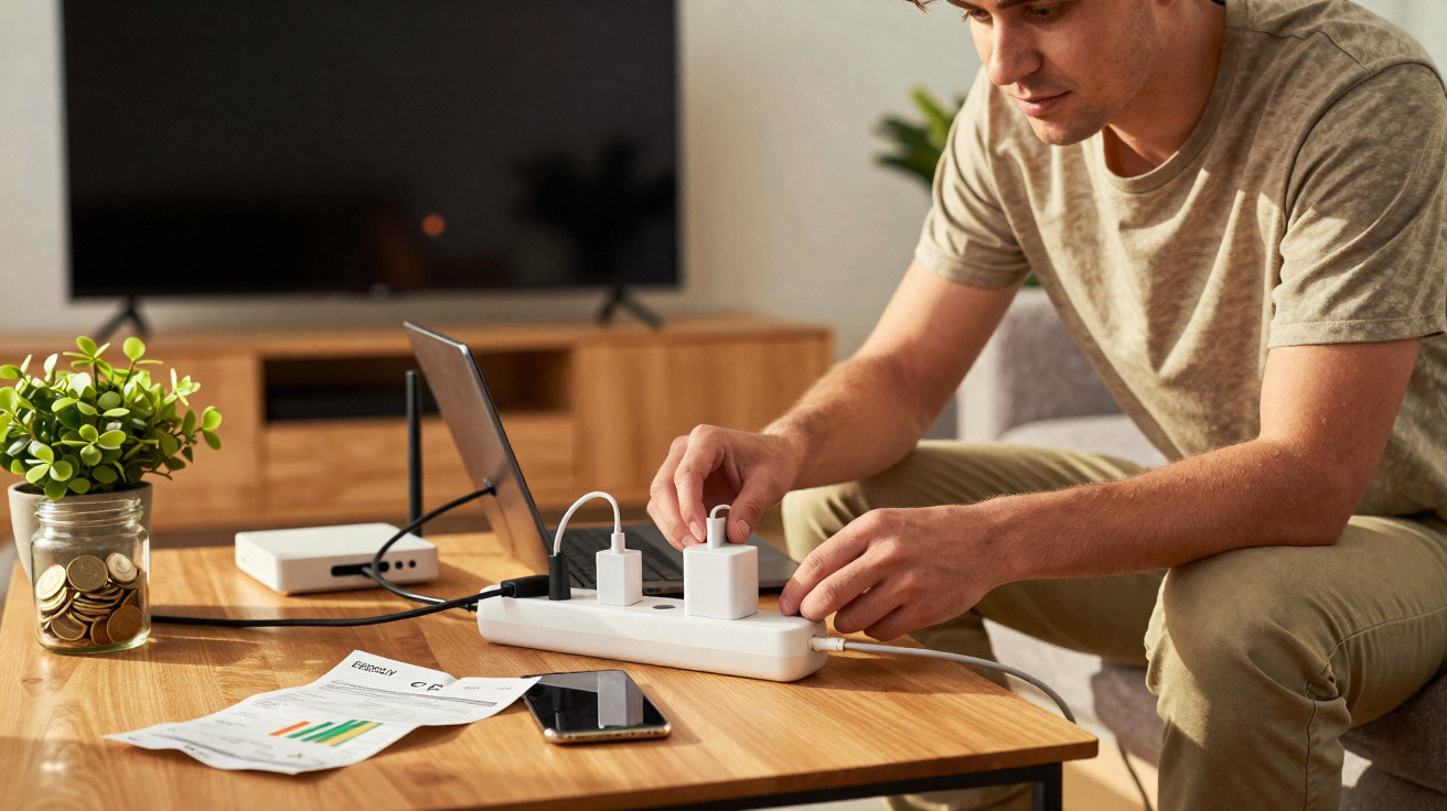 Homem plugando carregador em régua de energia sobre mesa com laptop, planta e documento com gráficos.