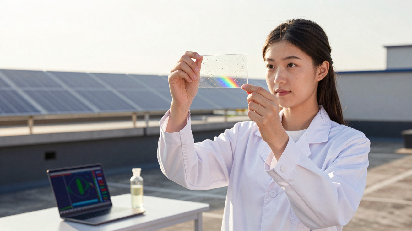 Mulher cientista em jaleco observa amostra transparente em área externa com painéis solares ao fundo.