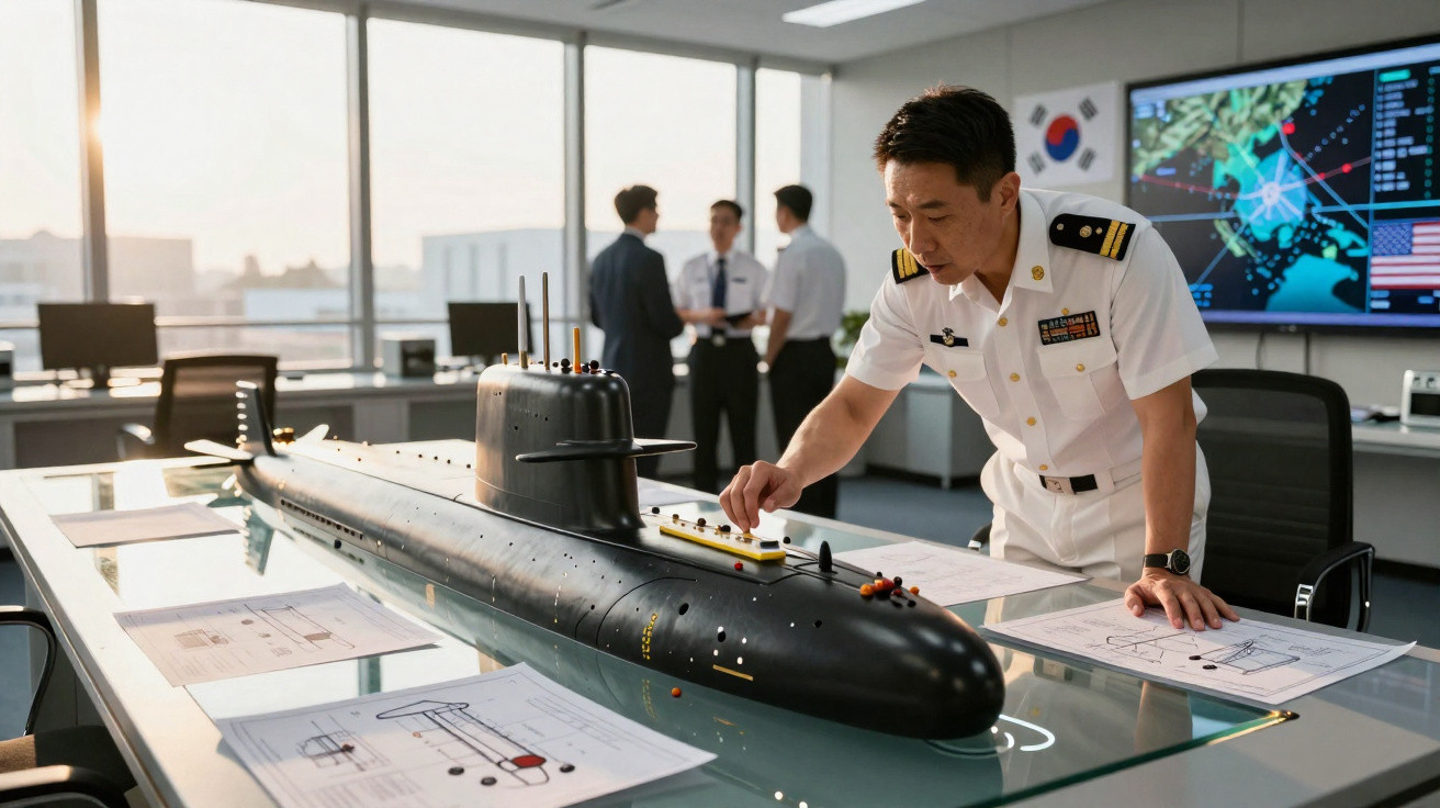 Oficial naval estudando modelo de submarino em mesa com plantas e mapas em sala de controle.