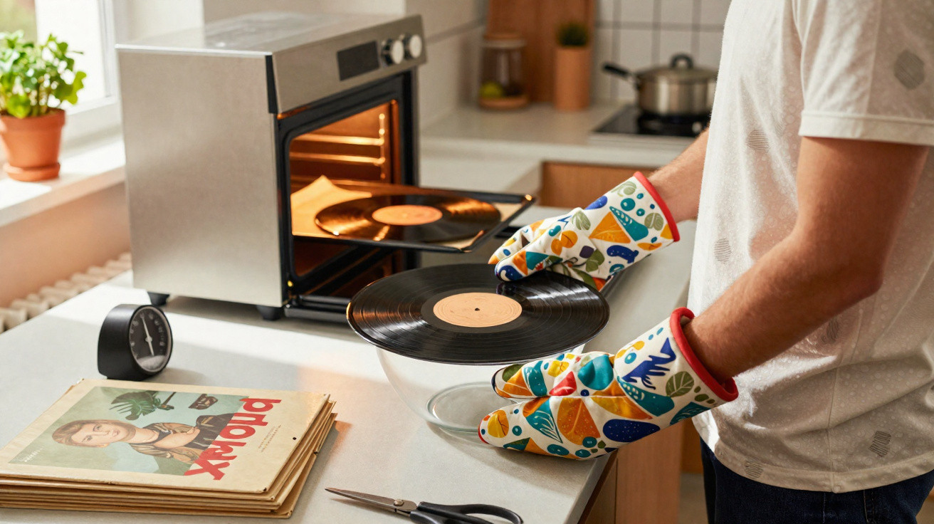 Pessoa usando luvas térmicas tira discos de vinil de forno em cozinha com plantas e utensílios.