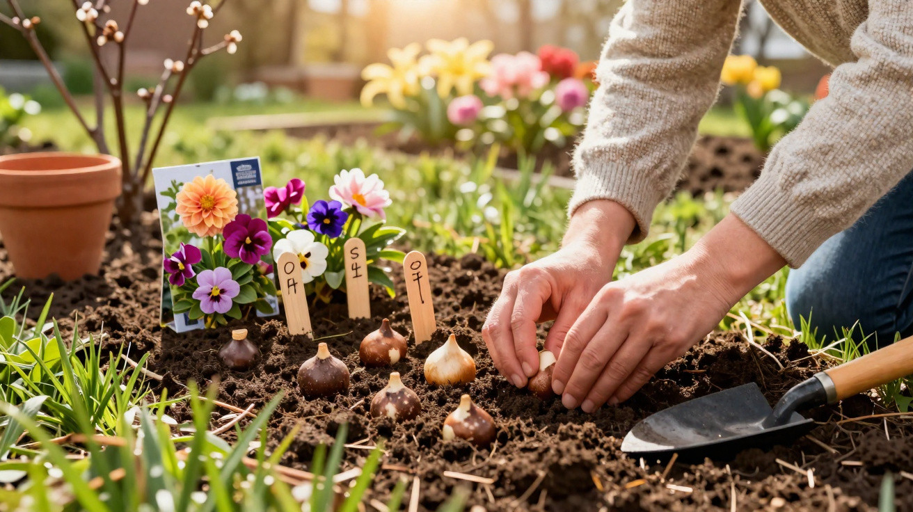 Mãos plantando bulbos de flores no solo com cartões ilustrando flores coloridas ao fundo.