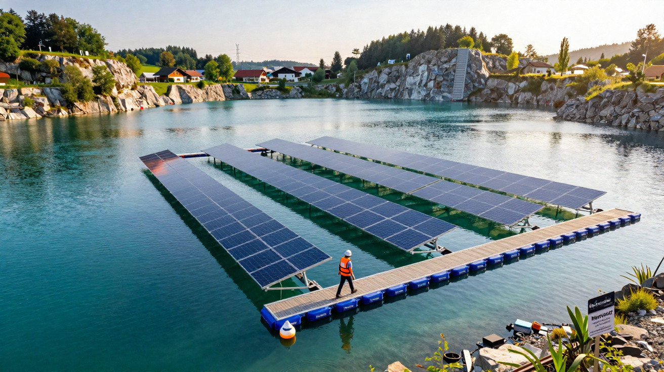 Painéis solares flutuantes em lago rodeado por rochas, com pessoa em passarela de madeira.
