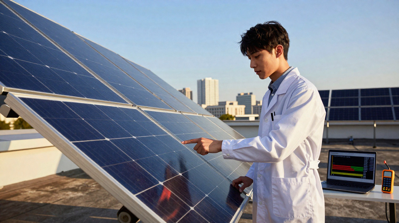 Homem em jaleco verifica painel solar ao ar livre com laptop e equipamentos ao fundo em dia ensolarado.