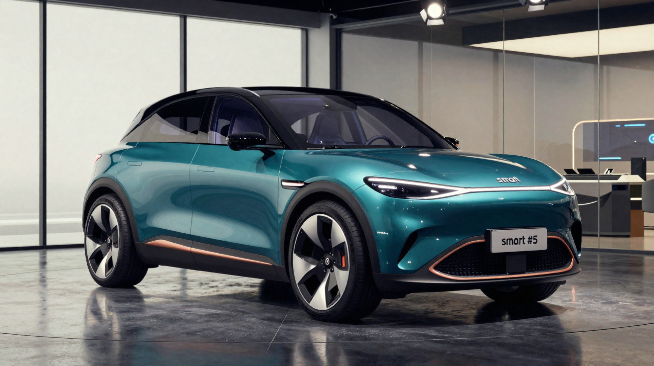 Carro elétrico Smart #5 verde com detalhes em cobre, em showroom moderno com iluminação suave.