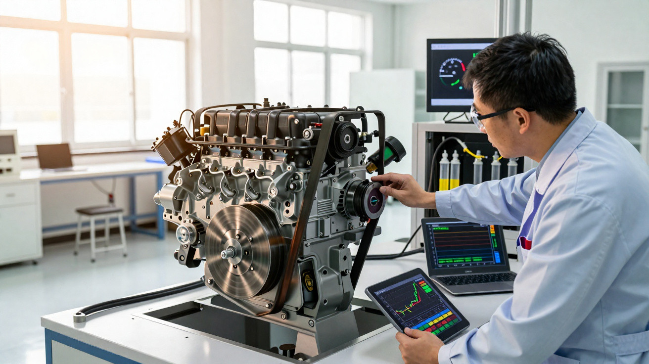 Engenheiro analisa dados de desempenho em tablet próximo a motor automotivo em laboratório.