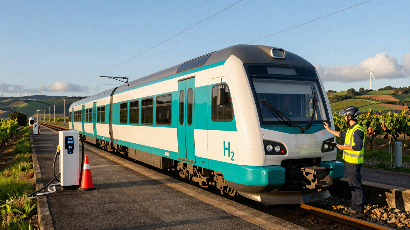 Trem movido a hidrogênio em estação rural com funcionário usando colete refletivo e capacete.