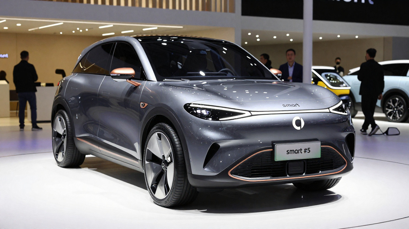 Carro elétrico Smart SUV cinza com detalhes em cobre exposto em salão automotivo moderno.