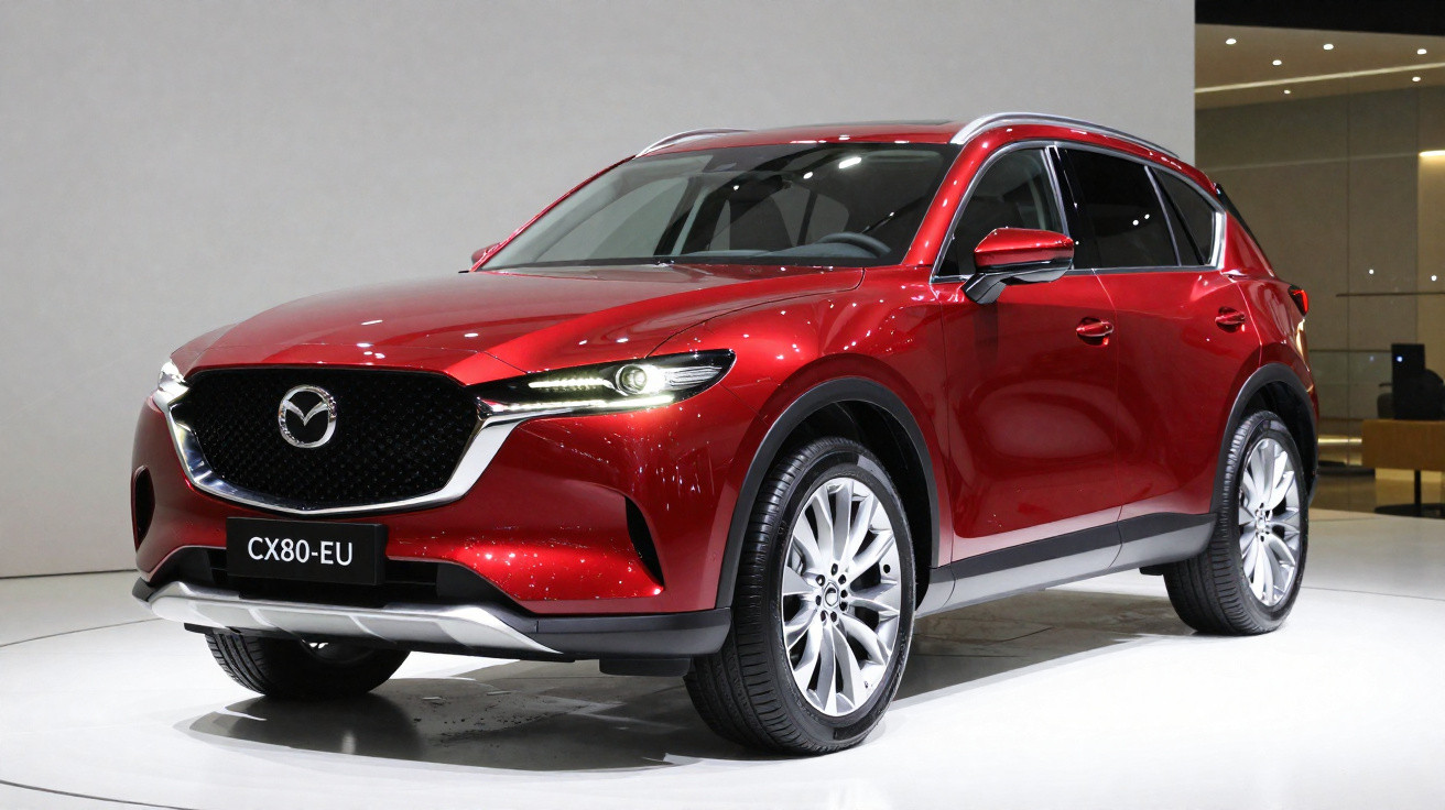 SUV Mazda CX-80 vermelho em exposição, com faróis acesos e ambiente interno moderno ao fundo.