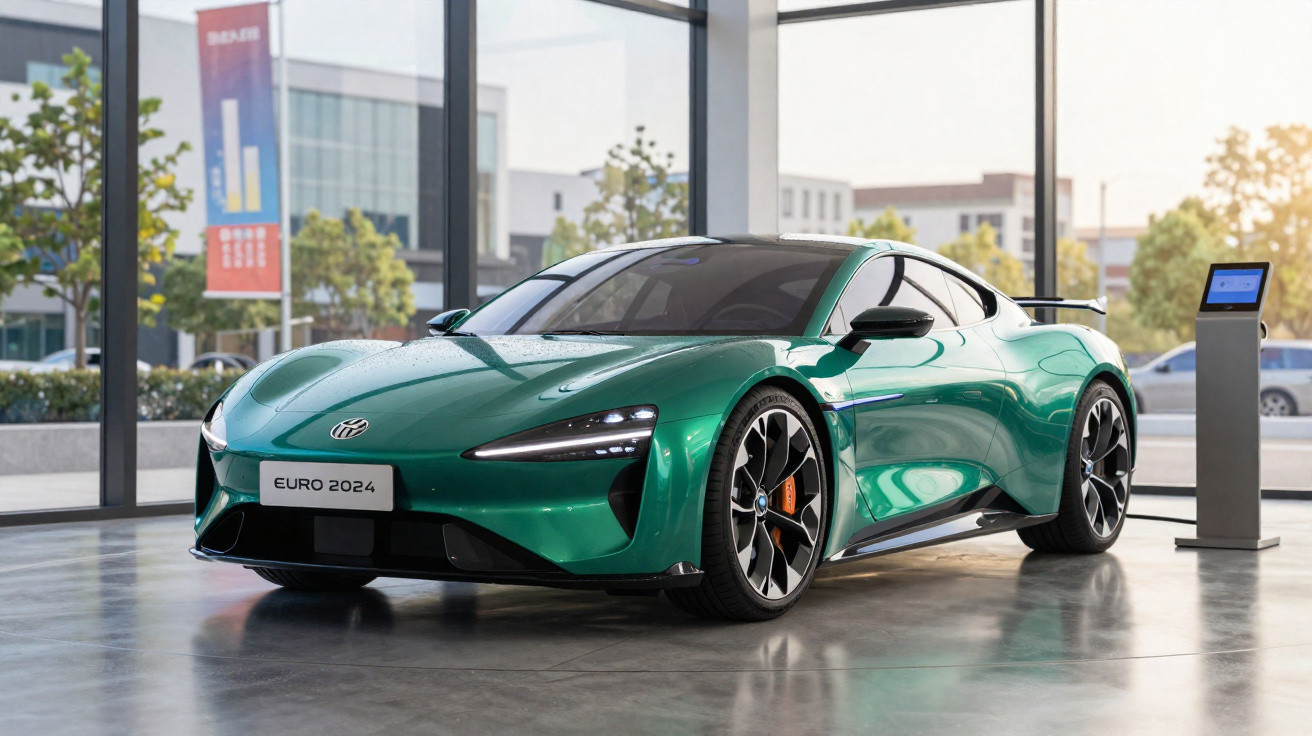Carro elétrico verde em exposição em showroom moderno com luz natural e placa com texto EURO 2024.