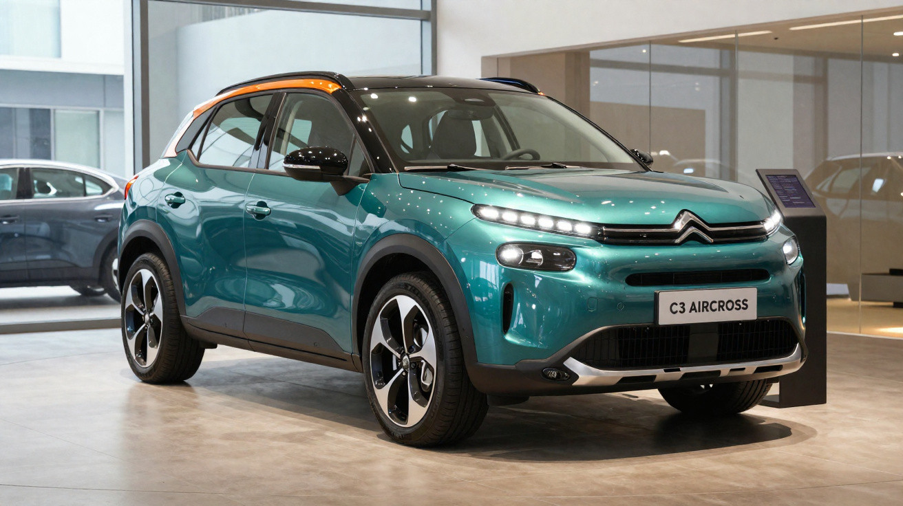 Carro SUV Citroën C3 Aircross azul com detalhes laranja exibido em showroom moderno.