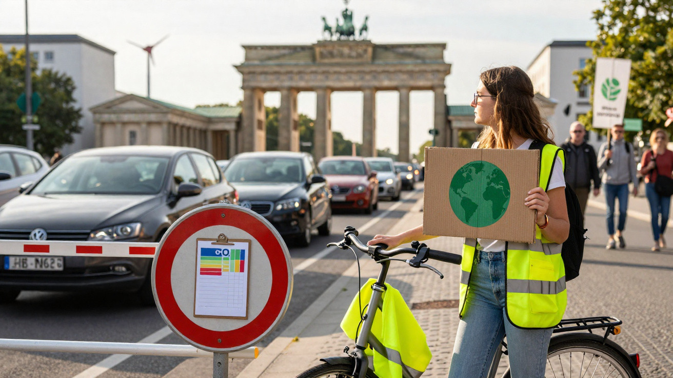 Mulher com bicicleta e colete refletivo segura cartaz do planeta Terra na avenida com carros e portão histórico ao fundo.
