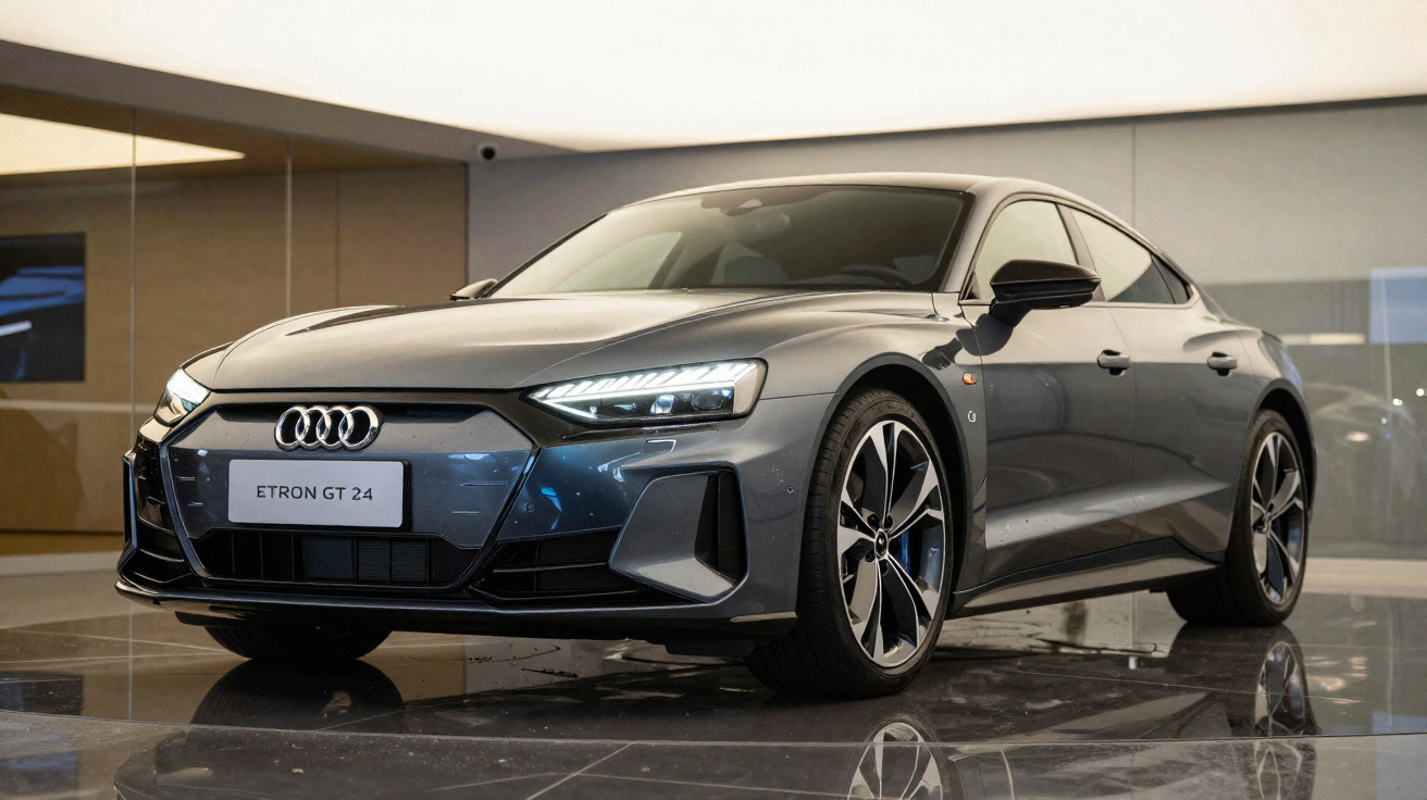 Carro elétrico Audi Etron GT 24 cinza estacionado em ambiente interno moderno.