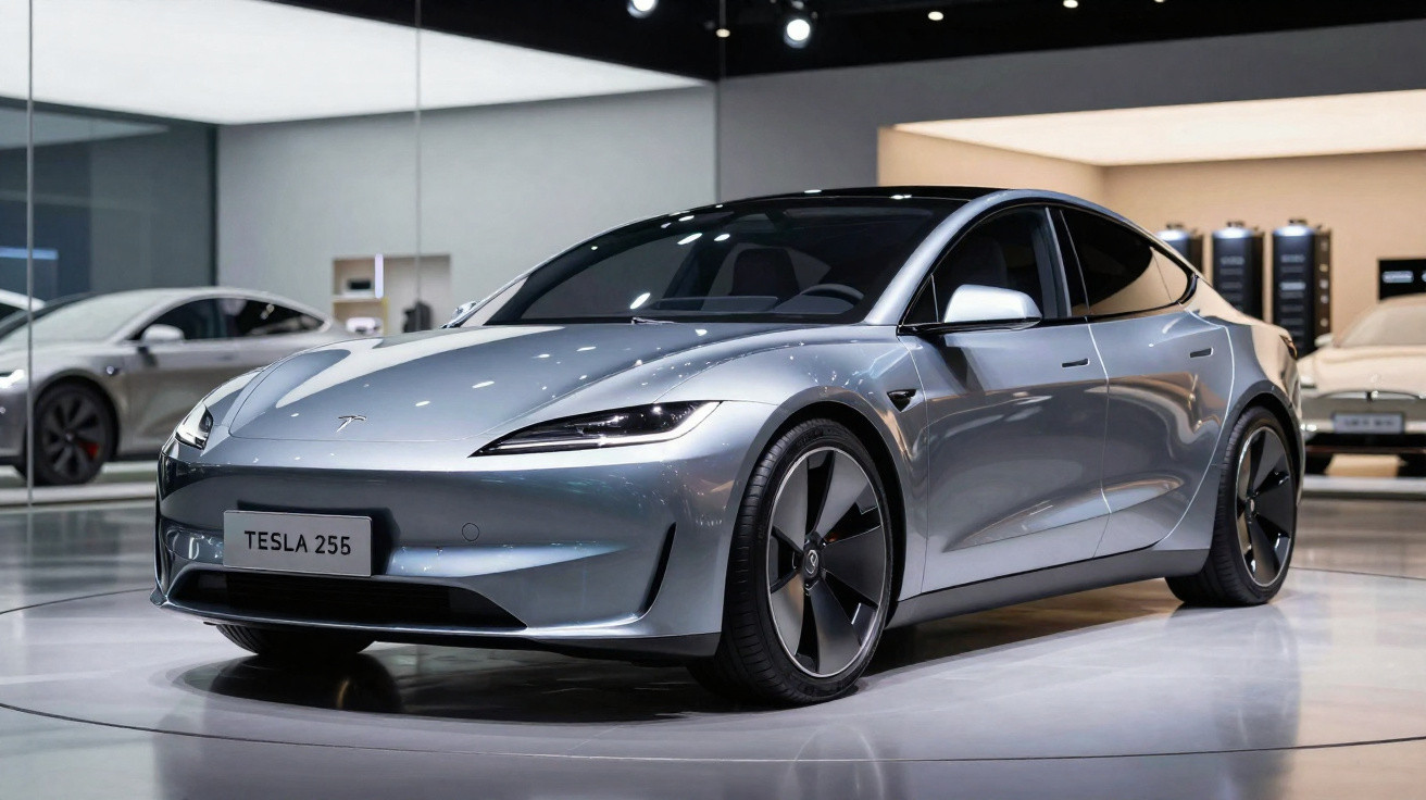Carro elétrico sedan Tesla 25K azul claro exibido em showroom moderno com piso branco brilhante.