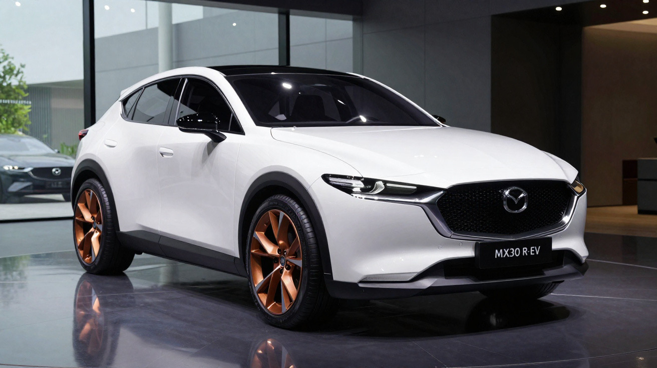 Carro elétrico branco Mazda MX-30 R-EV em exposição, com detalhes em preto e rodas bronze.