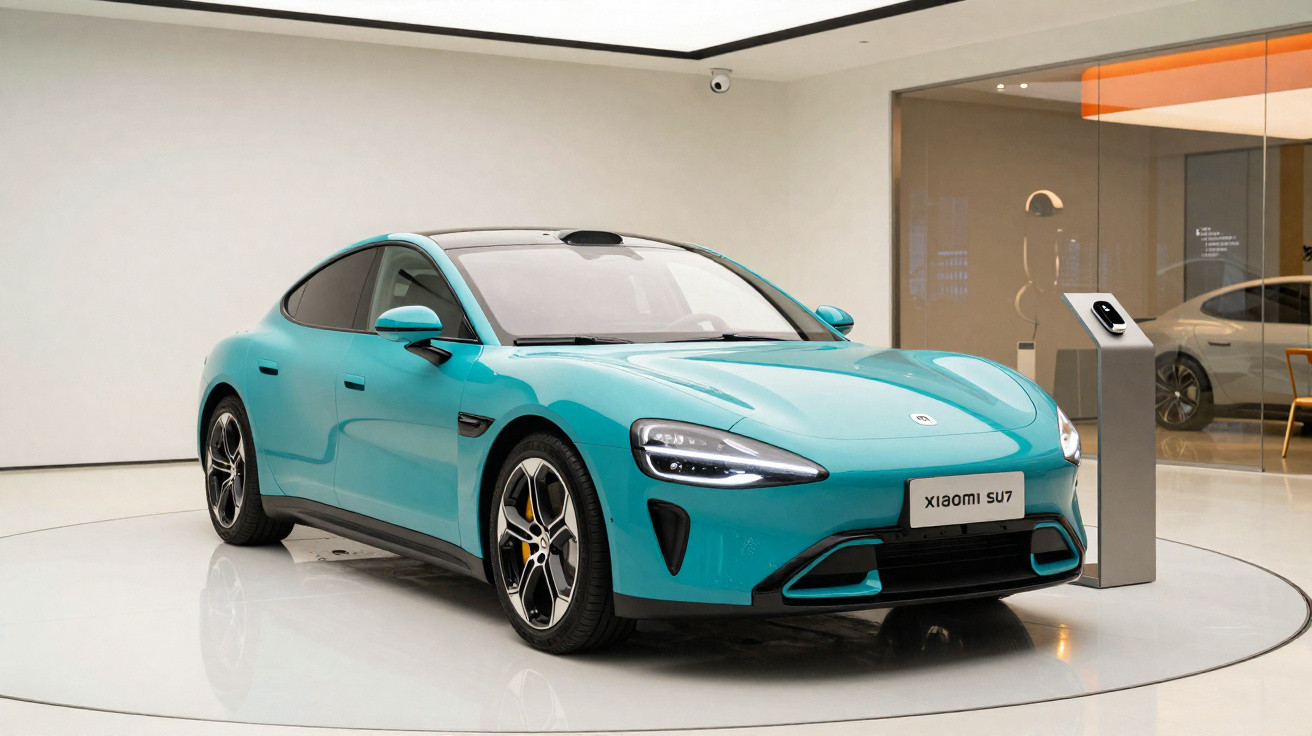Carro elétrico azul Xiaomi SU7 exposto em ambiente moderno, próximo a carregador elétrico.
