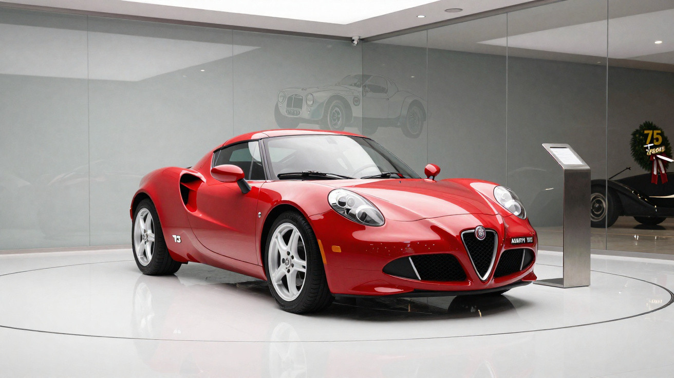 Carro esportivo Alfa Romeo vermelho em exibição em ambiente moderno com paredes brancas e espelho.