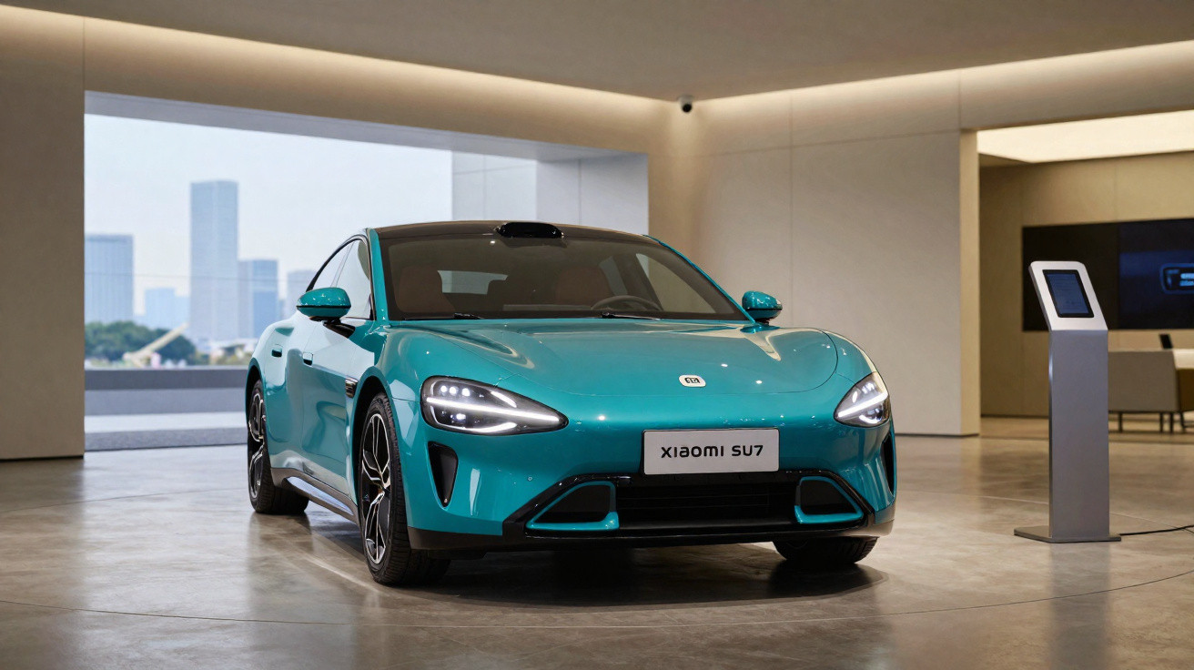 Carro elétrico azul Xiaomi SU7 exibido em showroom moderno com iluminação suave e janelas amplas.