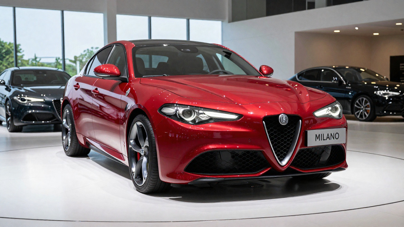 Carro esportivo vermelho Alfa Romeo Milano exibido em showroom moderno com piso branco e janelas amplas.