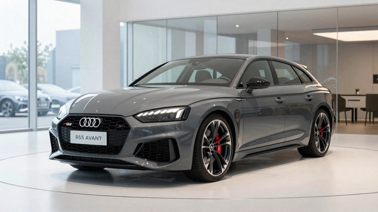 Audi RS5 Avant cinza exibido em showroom moderno com iluminação branca e piso claro.