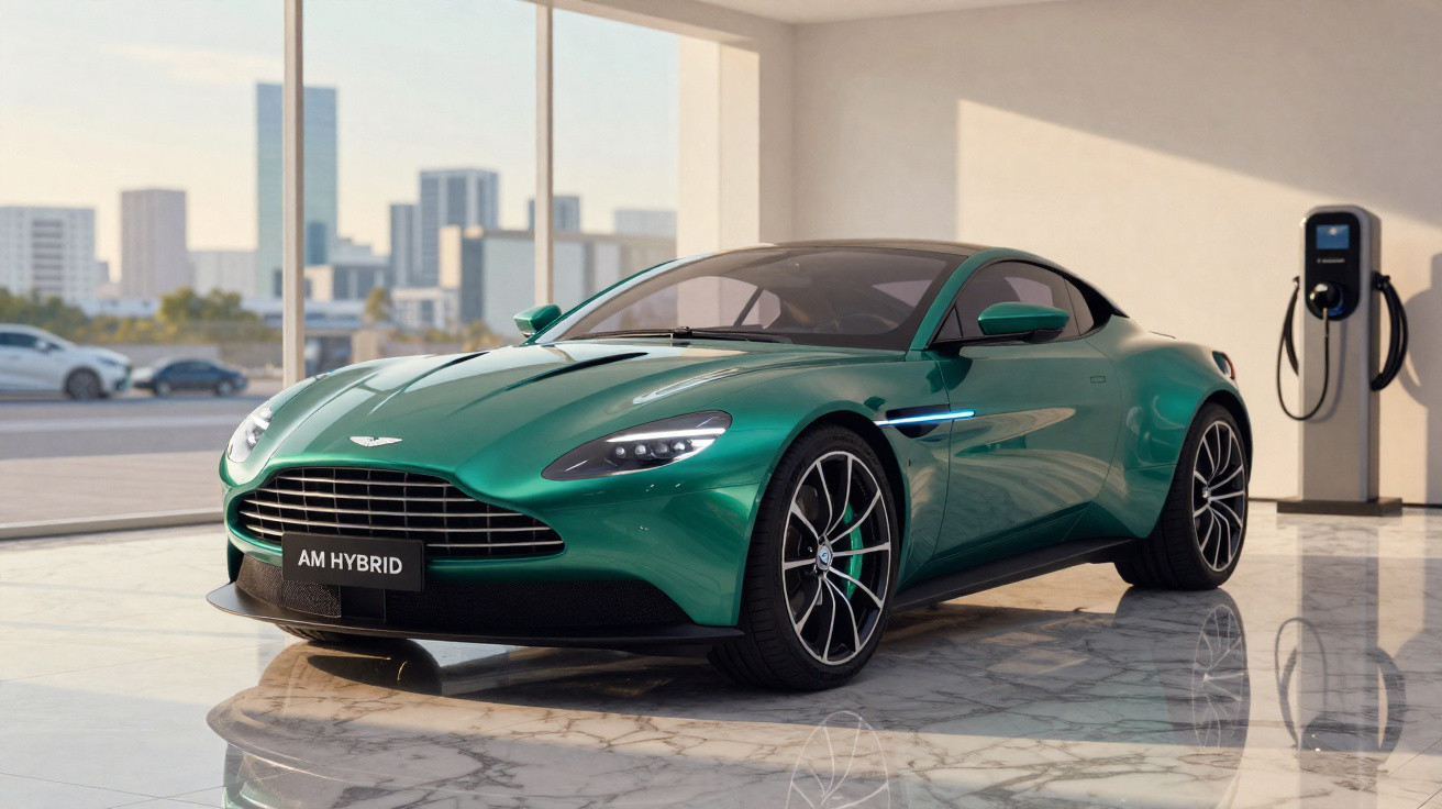 Carro esportivo verde Aston Martin híbrido em showroom com estação de carregamento elétrica.
