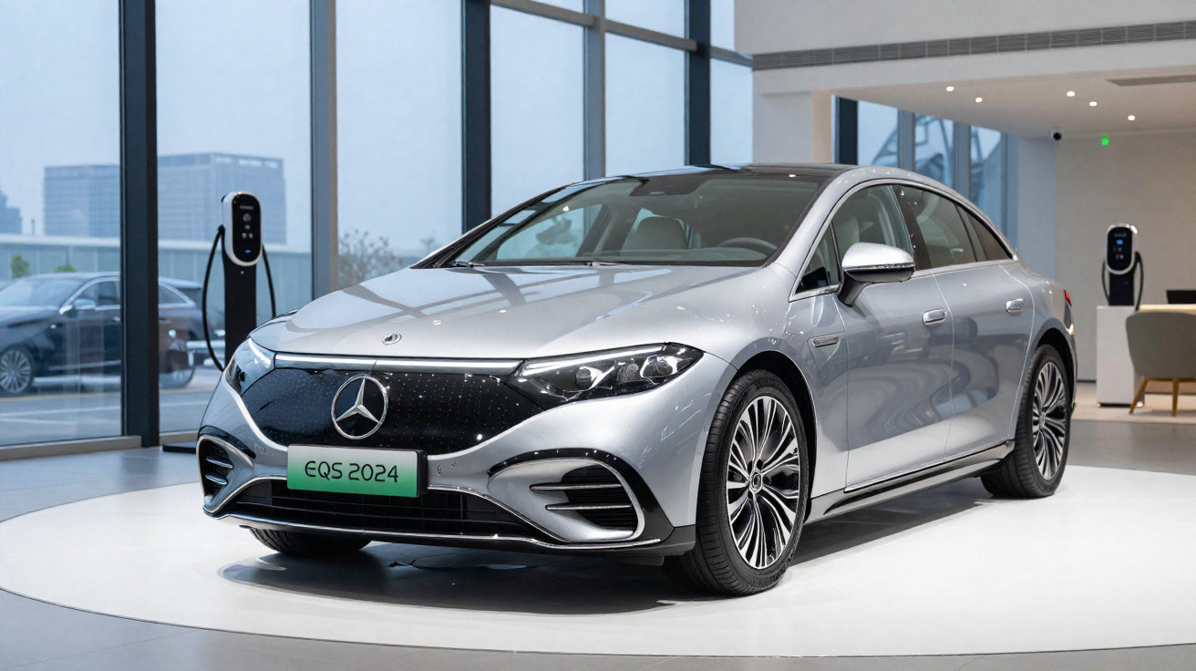 Carro elétrico prata Mercedes-Benz EQS 2024 exibido em showroom moderno com janelas grandes.