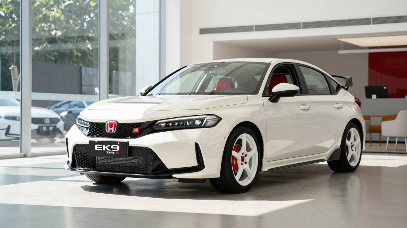 Carro esportivo Honda branco modelo EK9 Type R exibido em showroom moderno e iluminado.