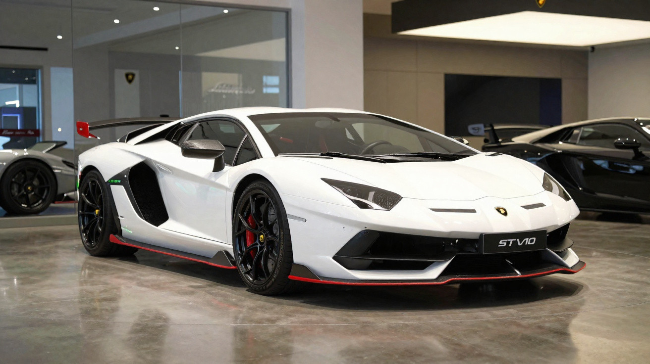 Carro esportivo Lamborghini branco com detalhes em vermelho exposto em showroom moderno.