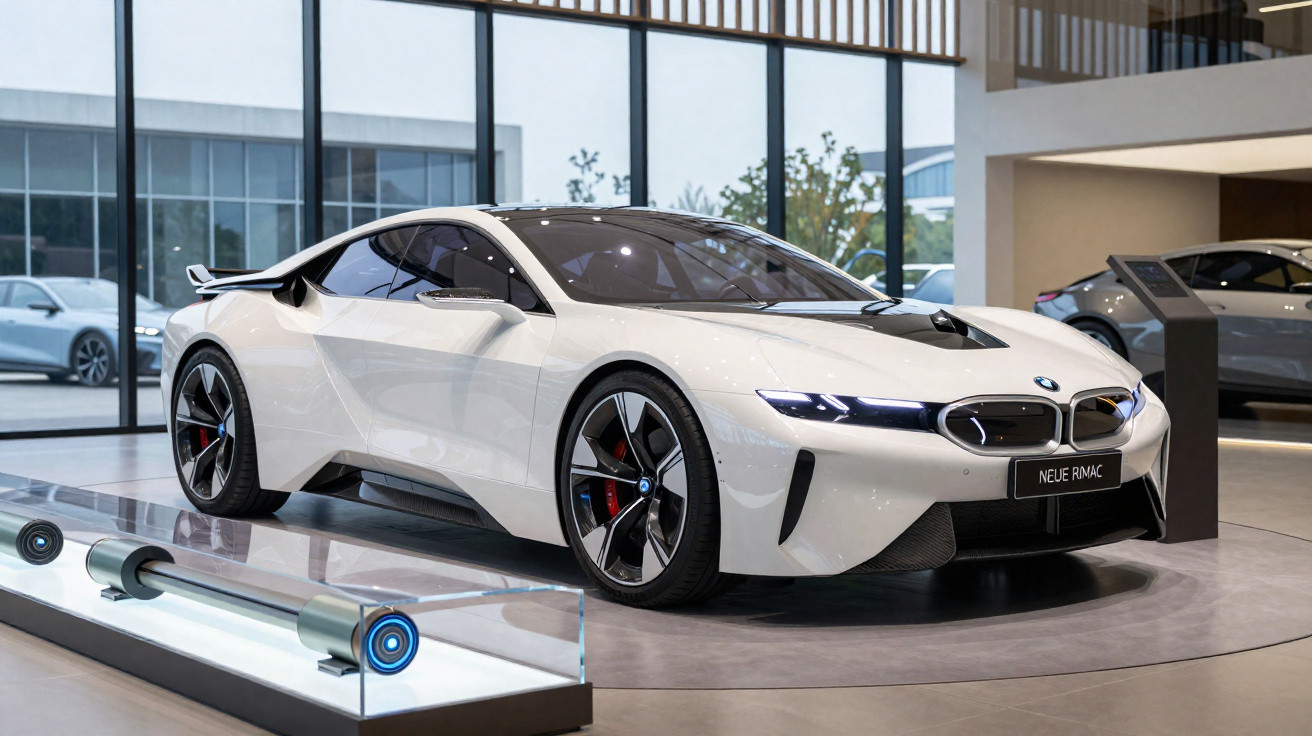 Carro esportivo branco BMW Neue Rimac exposto em showroom moderno com grandes janelas de vidro.