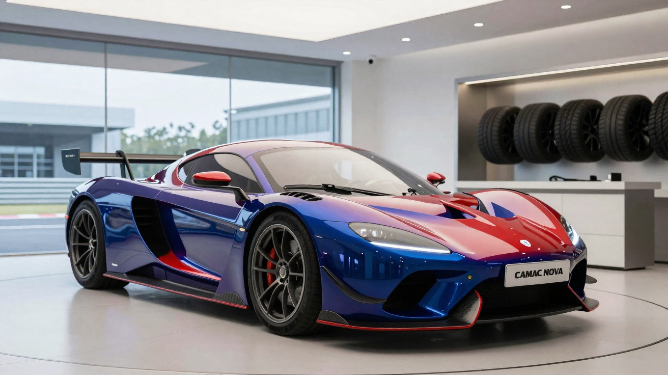 Carro esportivo azul e vermelho estacionado em showroom com pneus expostos na parede ao fundo.
